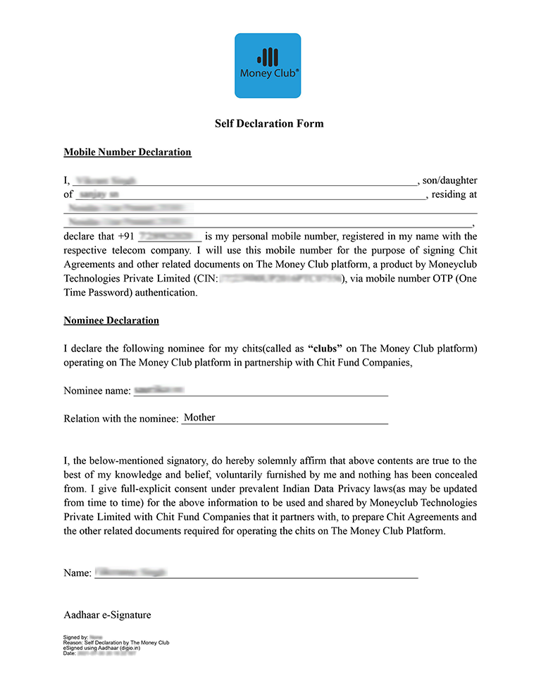 Sample eSigned Self declaration PNG